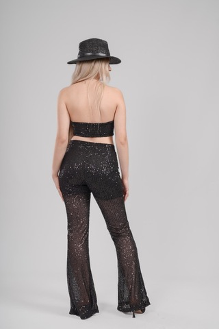 Mayrem Pul Payet Straplez Crop & İspanyol Paça Set Takım Siyah