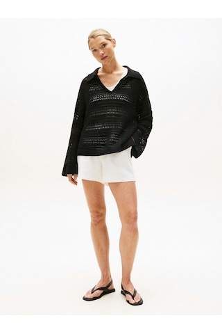 Tommy Hilfiger Crochet Rlx Ls Polo Swt Kadın Siyah Kazak - Ww0ww46524 Siyah