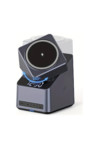 Topshop1 Gri 4ü 1 Arada Otomatik Donen Kablosuz Sarj Istasyonu Led Ekranli Masaustu Alarm Saati İphone 16 15 14 13 12 Serisi İwatch Uyumlu