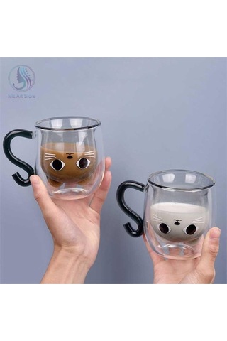 Createtech Çift Duvar Cam Kedi Şekli Bardağ Kaşık Fincan Seti Şeffaf, Kapaklı, Ev Ofis Şeffaf