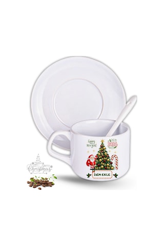 Yılbaşı Hediyesi Noel Ağacı Baskılı 2li Set İsimli Porselen Çay Kahve Fincan Seti Beyaz