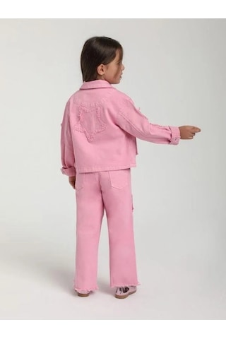 Kız Çocuk Yıldız İşlemeli Cep Detaylı Tasarım Pembe Kot Ceket-15651 Pembe