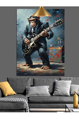 Elektrogitar Çalan Maymun Figürü Dekoratif Kanvas - Mdf Ahşap Tablo