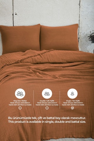 %100 Pamuk Müslin Yatak Örtüsü Tek Kişilik 4 Katlı Battaniye 2 Parça Müslin Pike Seti Turuncu Turuncu