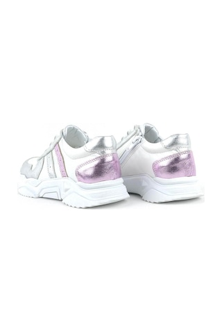Hakiki Deri Gümüş Pembe Kalın Tabanlı Kız Çocuk Sneakers Ayakkabı Gümüş