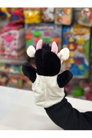 Peluş 25 Cm El Kuklası Siyah Beyaz İnek Kukla Çok Renkli