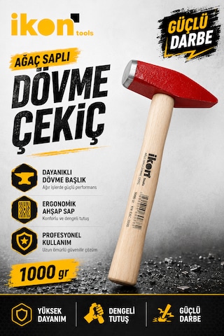 İkon Tools Ağaç Saplı Dövme Çekiç 1000 Gr Dayanıklı Çelik Başlıklı Ahşap Saplı Profesyonel Çekiç