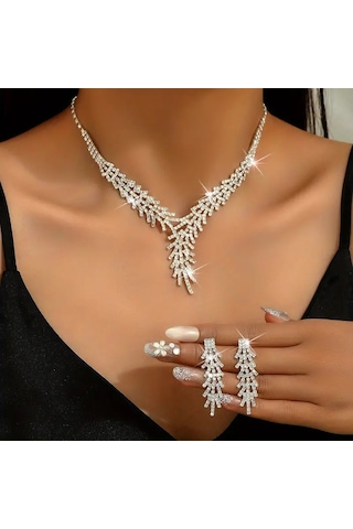 Trendy Asma Tasarımı Kolye + Küpe Gümüş Kaplama Takı Seti Gümüş