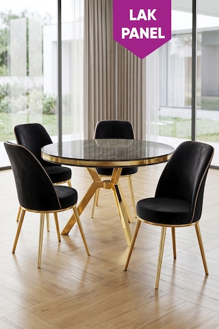 Natre Serisi 90x90 Lak Panel Antrasit İroni Gold Ayaklı Mutfak Masası Takımı Ve 4 Sandalye Masa Antrasit İroni Siyah Sandalye