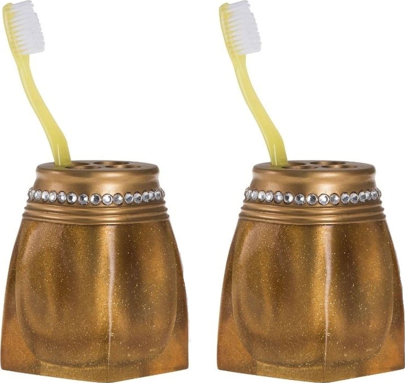 2 Adet Diş Fırçalık Taşlı Altın Poliresin 7x7x10cm Banyo Seti Çok Renkli