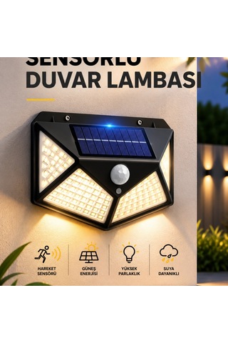 Sensörlü Güneş Enerjili 100 Led Duvar Lambası Ip65 Pır Hareket Sensörlü