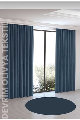 Shy Tekstil Lüks 1. Sınıf Düz Dikim Su Yeşili Ada Fon Perde En X Yükseklik Açık Indigo