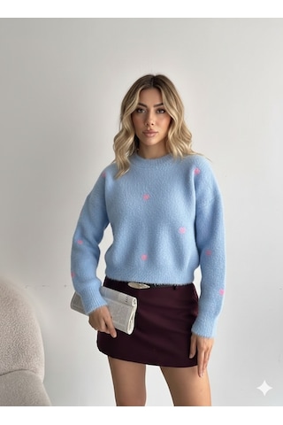 Ribana Classic Kadın Uzun Kollu Pembe Kalp Detaylı Standart Beden Triko Yumoş Kazak 4603 Bebe Mavisi