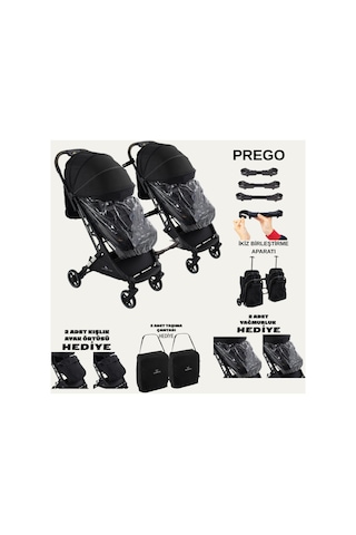 Prego Yan Yana Birleştirmeli Kabin Boy İkiz Bebek Arabası Ayak Örtüsü + Yağmurluk +taşıma Çanatası Siyah