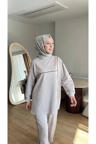 Olivia Kadın Mevsimlik Penye Alt Üst Spor Ve Rahat Tesettür İkili Takım Bej
