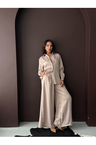 Verymoda Yüksek Bel Bol Paça Saten Pantolon Şık Ve Rahat Tasarım F2052 Taş