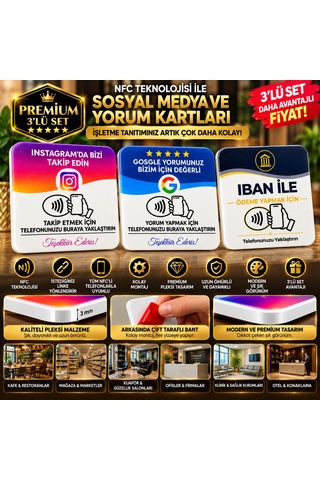 3'lü Premium Nfc Kart Seti Instagram Takip Google Yorum Ve Banka Ödeme Kartı Tanıtım Pleksi Kartlar