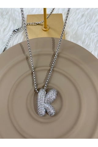 Premium Gümüş Renk 316l Çelik Parlak Taşlı Şık "k" Harf Kolye 60cm