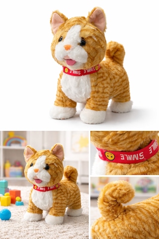 Tasmalı Sevimli Yürüyen Peluş Kedi Sarı