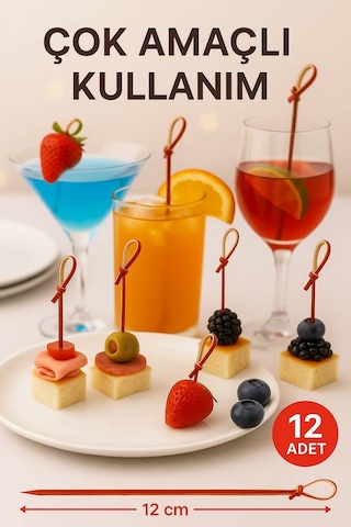 Düğümlü Kırmızı Bambu Kürdan 12 Cm, Şık Davet Ve Kokteyl Sunum Çubuğu 50 Li Paket