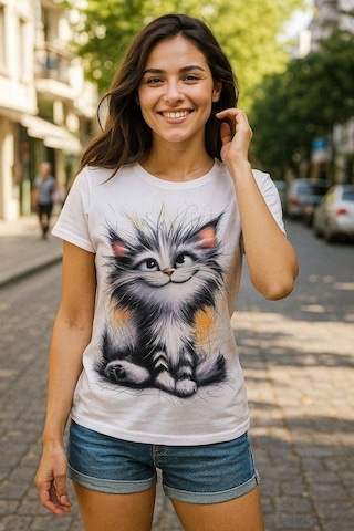 Mareandpanda Kadın Kısa Kollu Bisiklet Yaka Kedi Baskılı Süprem Bluz Beyaz