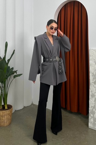 Kadın Oversize Blazer Ceket Kuşaklı Omuz Detaylı Gri
