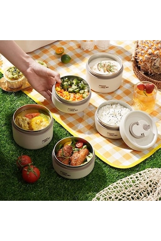Çelik Termos Beslenme Yemek Kabı 4 Parça Çantalı 1880 L Krem