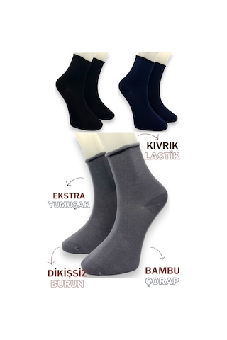Premium 3 Çift Bambu Kadın Lastiksiz Roll Top Soket Dikişsiz Çorap / Iz Bırakmaz / Sıkmayan Çorap Siyah Lacivert Gri