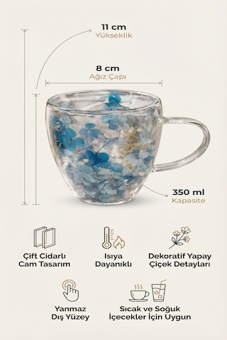 Makri Home Mavi Çiçekli Çift Cidarlı Cam Kupa, 350 Ml, 11 Cm X 8 Cm Çok Renkli