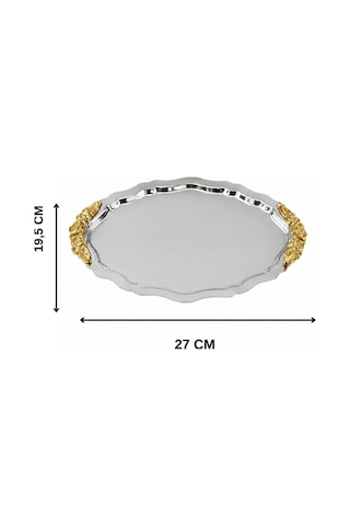2'li Büyük Boy Vintage İşlemeli Oval Gold Kahve Sunum Tepsisi-servis Tepsisi 28 Cm Gold
