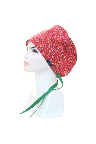 Tesettür Kırmızı Çıtır Çiçek Desenli Cerrahi Bone Doktor Hemşire Sağlıkçı Bonesi Geniş Kesim