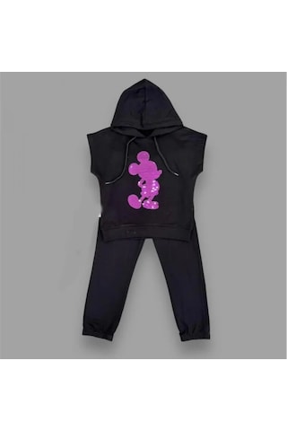 Pekminibebe 3-4-5 Yaş Kapşonlu Payetli Mickey Desenli Kısa Kol 2li Kız Erkek Çocuk Takımı Siyah