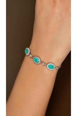 Roza Silver Paraiba Taşlı Rodyum Oval Anturaj Gümüş Bileklik