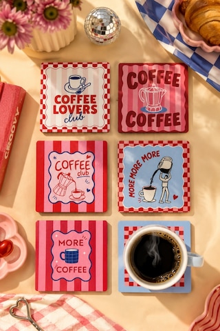 Coffee Time 6 Lı Kare Bardak Altlığı Seti, 9 Cm Mdf, 3 Mm, Uv Dijital Baskı Çok Renkli