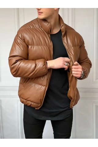 Modefendi Şişme Oversize Yüksek Kalite Deri Mont Kahverengi