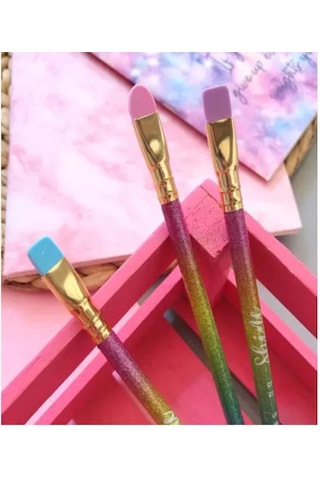 Silgi Başlıklı Kurşun Kalem 3 Adet Simli Ve Gold Makyaj Fırçası Görünümlü Kurşun Kalem Soft Renklerde Silgi