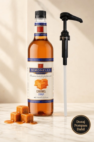 Simonelli Karamel Aromalı Kahve ve Kokteyl Şurubu 700 ML + Şurup Pompası - Latte Frappe Soğuk Sıcak Kahve ve Tatlı Şurubu