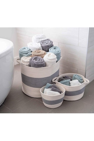 3lü Jüt Pamuklu Sepet, Bebek Eşya Toplama Sepeti, Battaniye Sepeti Oyuncak Sepeti, Yastık Sepeti Gribeyaz