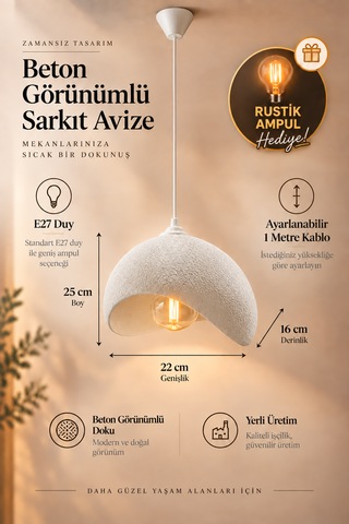 Beton Görünümlü Tekli Sarkıt Avize Dokulu Modern Bohem İskandinav Salon Mutfak G95 Rustik Led Ampul Hediyeli Beyaz