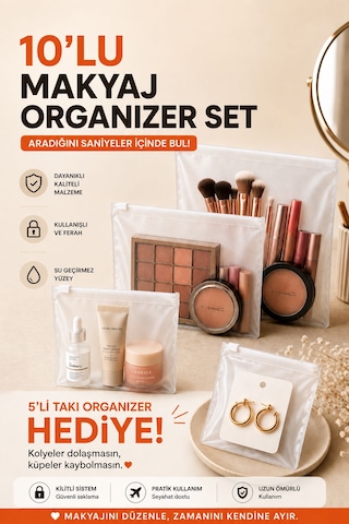 10 Lu Makyaj Organizer Seti+ 5 Li Takı Organizer Hediye Şeffaf
