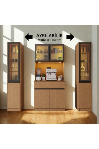 Nordıc Wood Led Li Kahve Köşesi Ünitesi Maxı Çift Vitrinli Füme Cam Komple Mdf Geniş Mutfak Dolabı Kahverengi