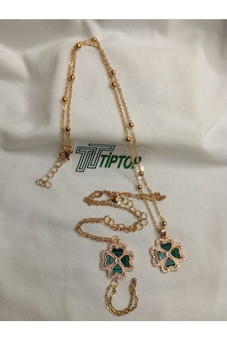 Tiptop/ Yeşil Mineli Yonca Model Gold Renk Kolye Ve Şahmeran Set Gold