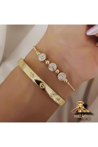 Taşlı Model Kelepçe Ve 3lü Taş Detaylı Bileklik Kombin Set Altın