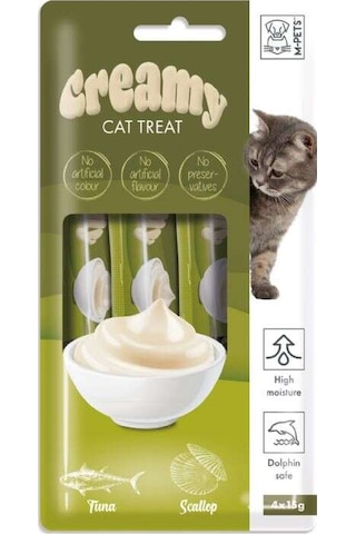 M-Pets Creamy Ton Balığı ve Deniz Taraklı Yetişkin Kedi Ödülü 4 x 15 G