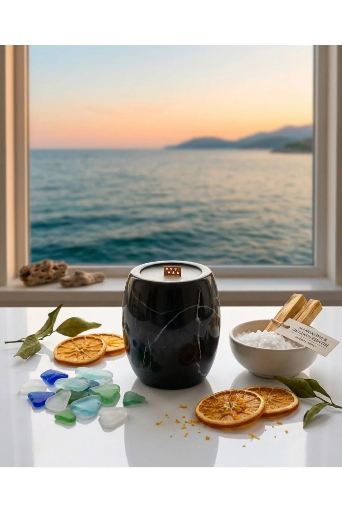 Mandalina , Okyanus Ve Sandal Kokulu Mum Doğal Mermer %100 Soya Wax Siyah