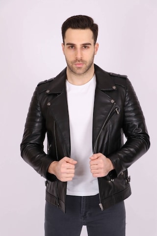 Erkek Siyah Hakiki Deri Yakalı Asimetrik Fermuarlı Spor Mont