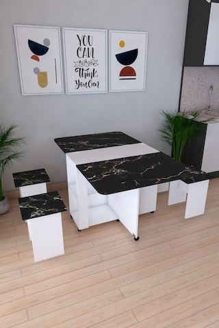 Pratik Katlanır Açılır Kapanır Katlanabilir Taşınabilir Siyah Yemek Masası 4 Kişilik Balkon Masası Siyah Mermer