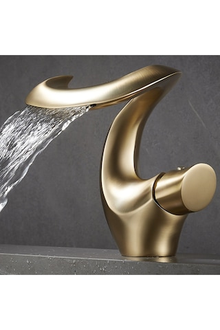 Lüks Gold Şelale Lavabo Bataryası Premium Tek Kollu Tezgah Üstü Musluk Otel Özel Tasarım Gold