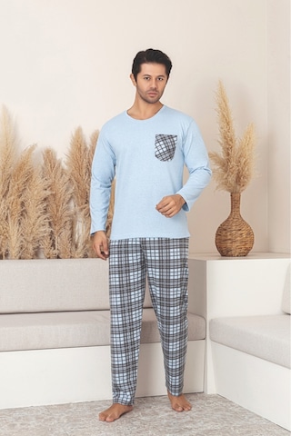 Sude Homewear Erkek Ekoseli Cepli Uzun Kollu Pijama Takımı Mavi