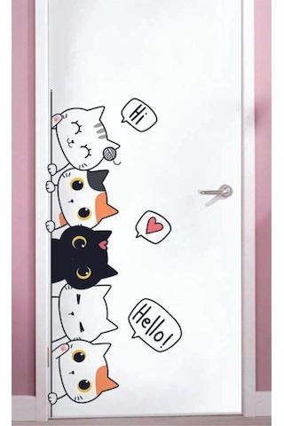 Sevimli Kediler Kapı Duvar Çocuk Odası Sticker 86x38 Cm